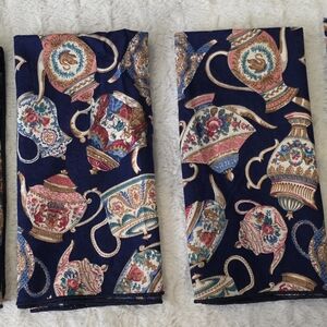 4pc Vintage Handmade Handstitched Dinner Napkins Navy Blue Teapot Print